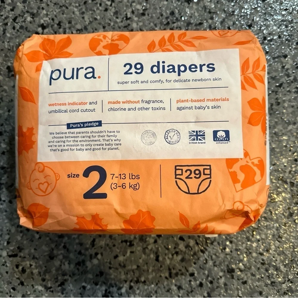 Pura Size 2 7-13 lbs. Eco-Friendly 29 Diapers Cotton Plant Based Allergy Free